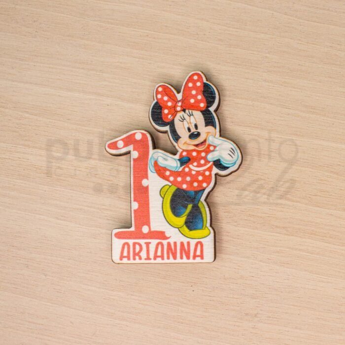 Calamita Minnie topolina in legno con nome e numero per compleanni e battesimi a tema Disney